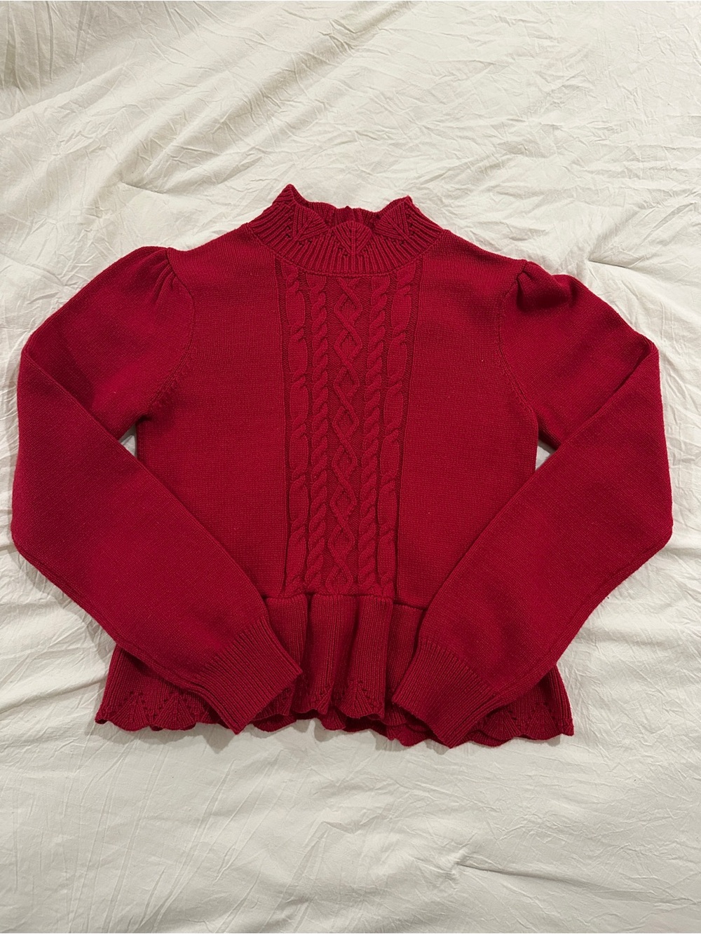 Girls Janie and Jack Red Cable-Knit Peplum Mock Neck Sweater